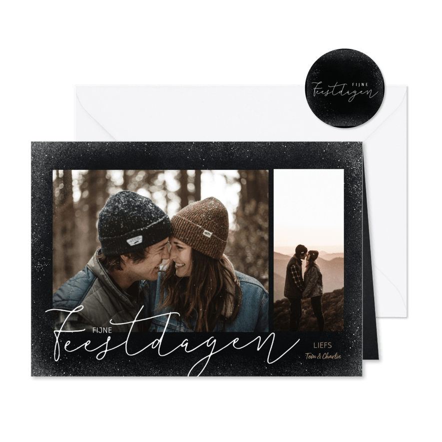 Trendy kerstkaart met foto's sneeuw en fijne feestdagen - Kaartimpressie
