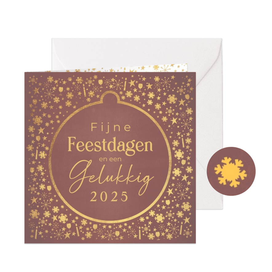 Trendy kerstkaart met goudkleurige kerstversiering - Kaartimpressie