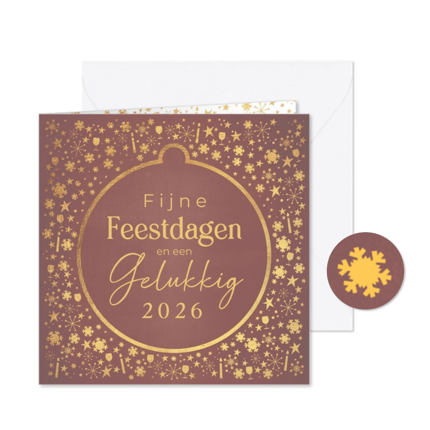 Trendy kerstkaart met goudkleurige kerstversiering - Kaartimpressie