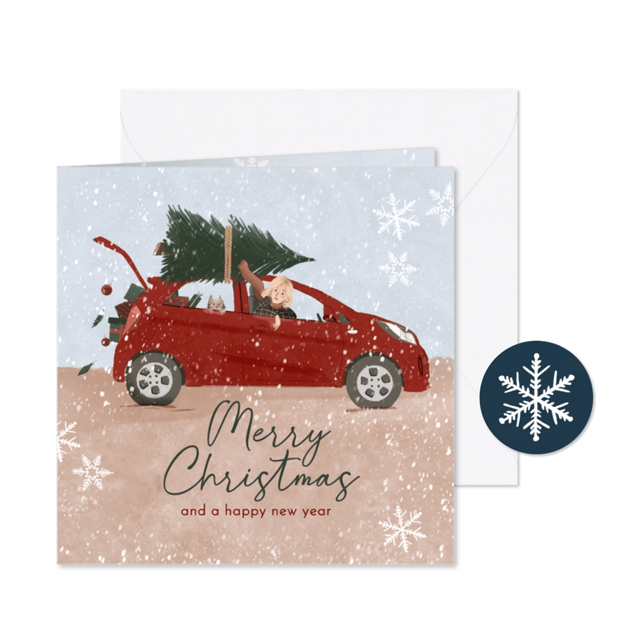 Trendy kerstkaart met illustratie auto met kerstboom - Kaartimpressie