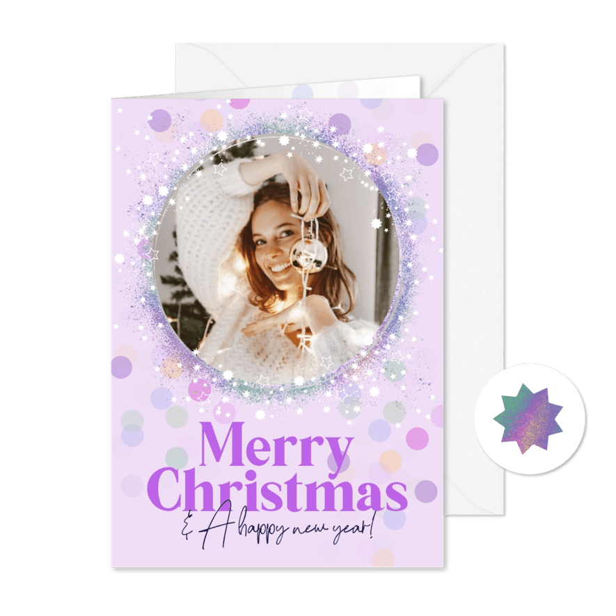 Trendy kerstkaart pastel sterrenstof foto kerstlichtjes - Kaartimpressie