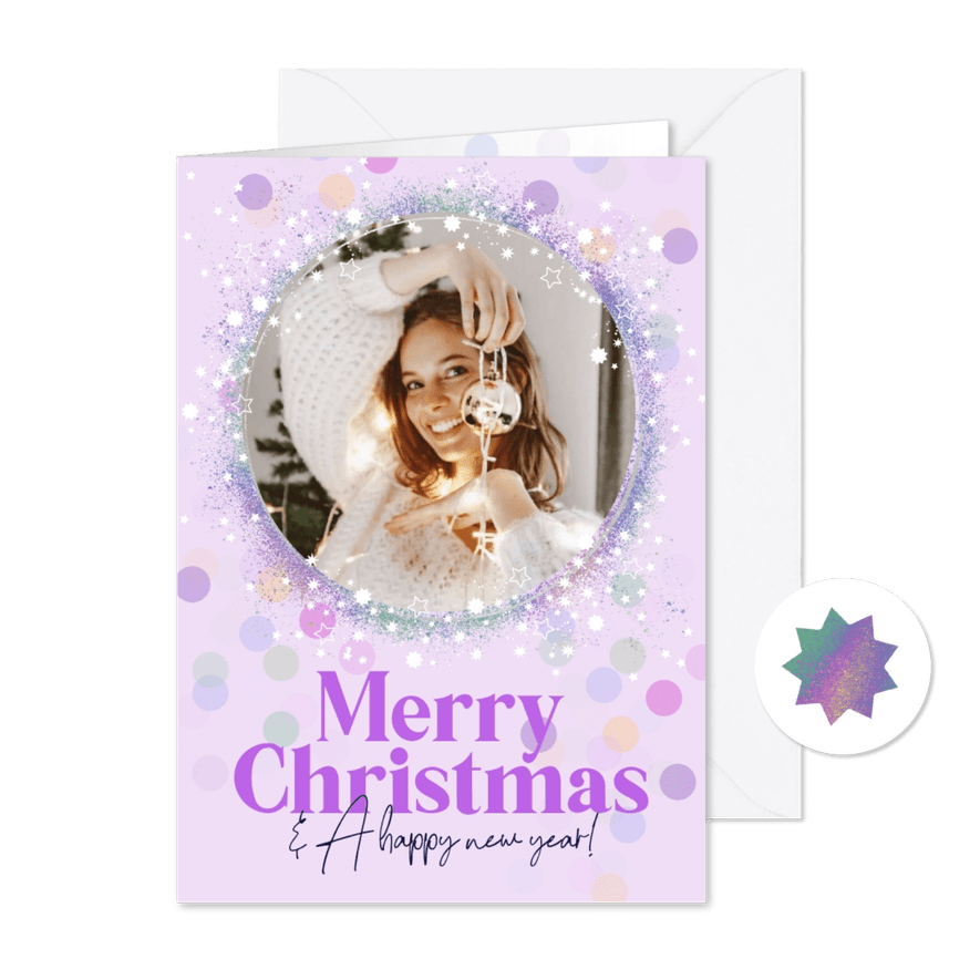 Trendy kerstkaart pastel sterrenstof foto kerstlichtjes - Kaartimpressie