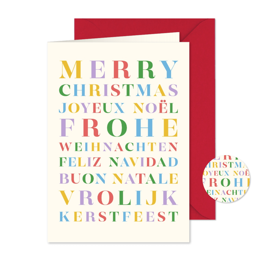 Trendy kerstkaart regenboog typografie diverse talen - Kaartimpressie