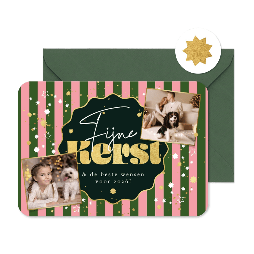 Trendy kerstkaart strepen patroon sterren goud foto - Kaartimpressie
