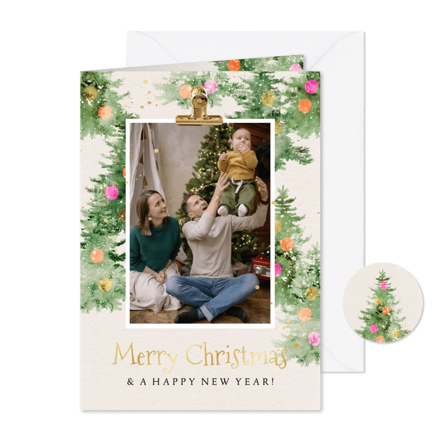 Trendy kerstkaart watercolor kerstbomen foto kleurrijk - Kaartimpressie