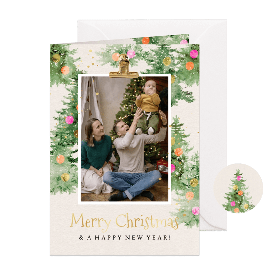 Trendy kerstkaart watercolor kerstbomen foto kleurrijk - Kaartimpressie