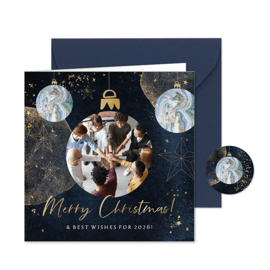 Trendy kerstkaart watercolour goudlook kerstballen blauw - Kaartimpressie