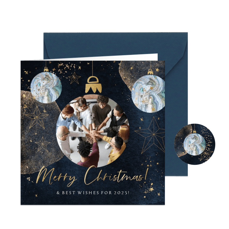 Trendy kerstkaart watercolour goudlook kerstballen blauw - Kaartimpressie