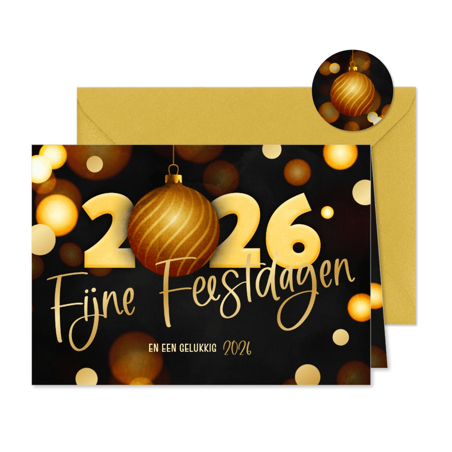 Trendy kerstkaart zakelijk 2026 kerstbal goud foliedruk - Kaartimpressie