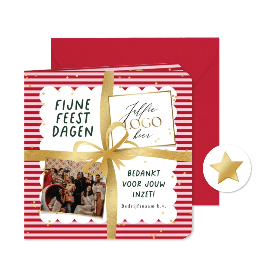 Trendy kerstkaart zakelijk bedankt strik lint goud logo ster - Kaartimpressie
