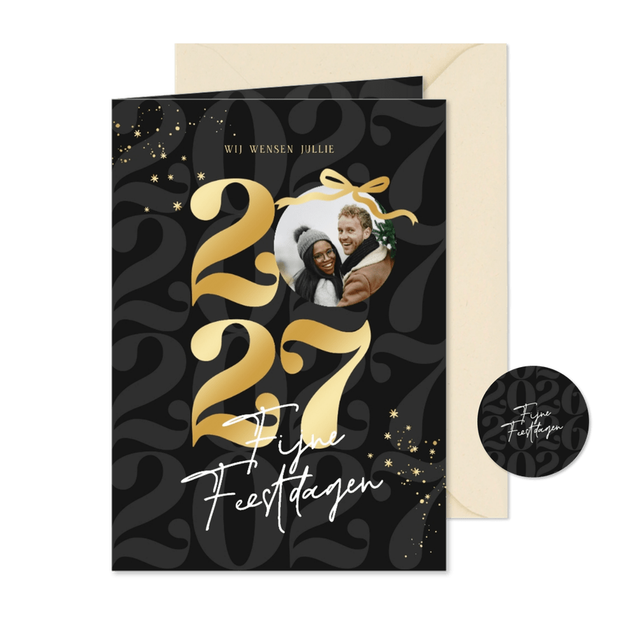 Trendy kerstkaart zwart strik jaartal goudlook met foto - Kaartimpressie