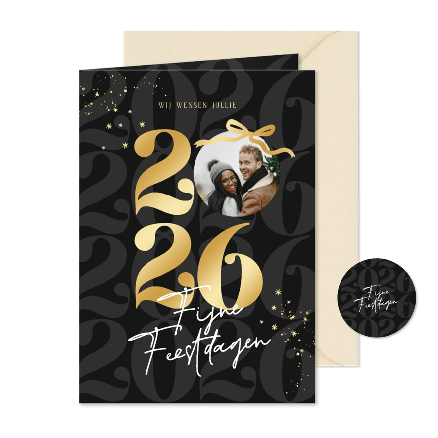 Trendy kerstkaart zwart strik jaartal goudlook met foto - Kaartimpressie