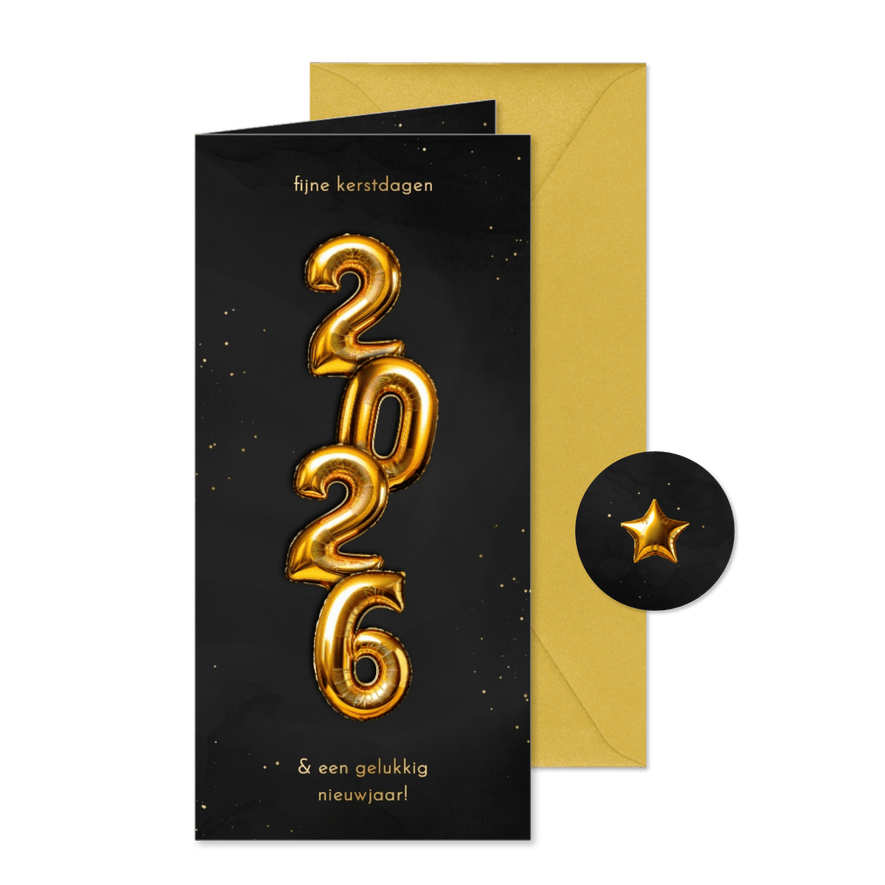 Trendy kerstkaartje folieballon 2026 verticaal goud - Kaartimpressie