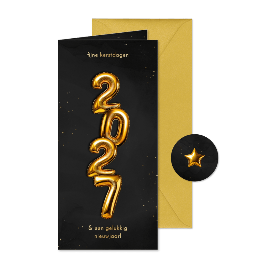 Trendy kerstkaartje folieballon 2027 verticaal goud - Kaartimpressie
