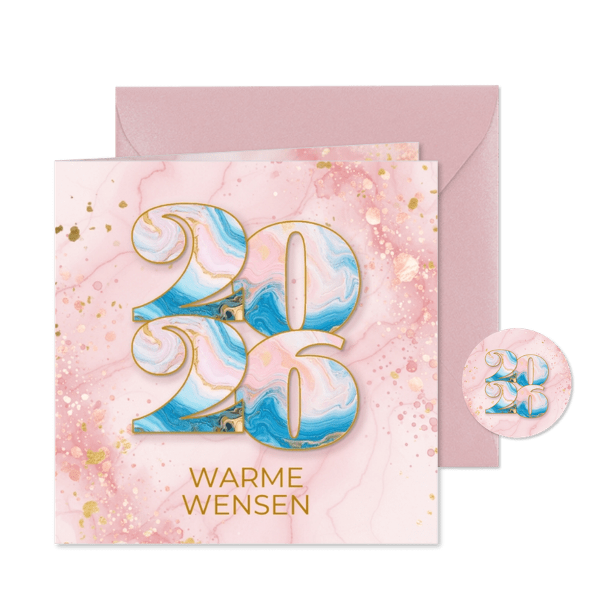 Trendy kerstkaartje roze verf met marmeren jaartal - Kaartimpressie