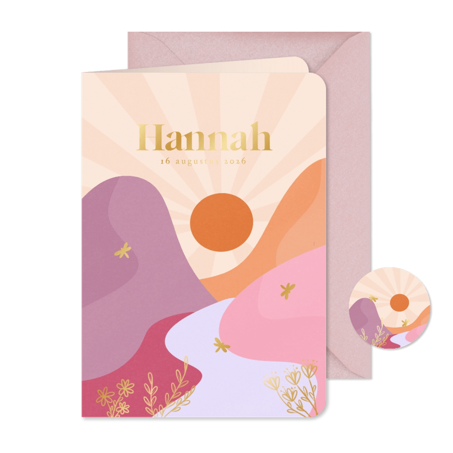 Trendy kleurrijk geboortekaartje met landschap libelle goud - Kaartimpressie