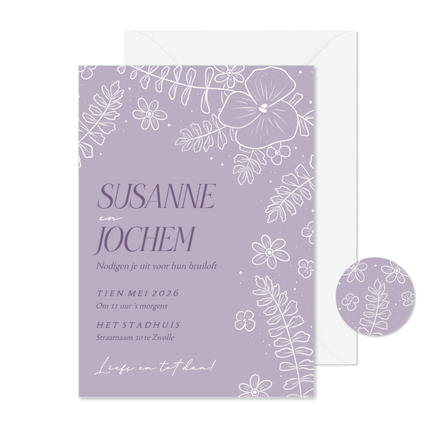Trendy lila trouwkaart met bloemenkader in witte lijnen - Kaartimpressie