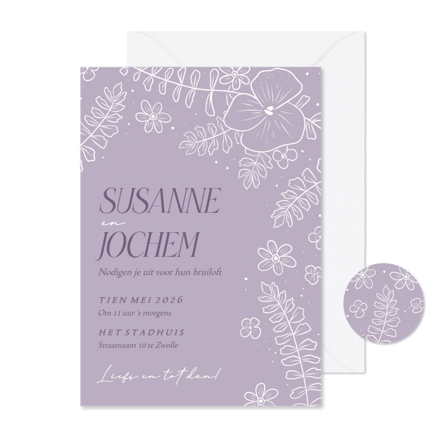 Trendy lila trouwkaart met bloemenkader in witte lijnen - Kaartimpressie