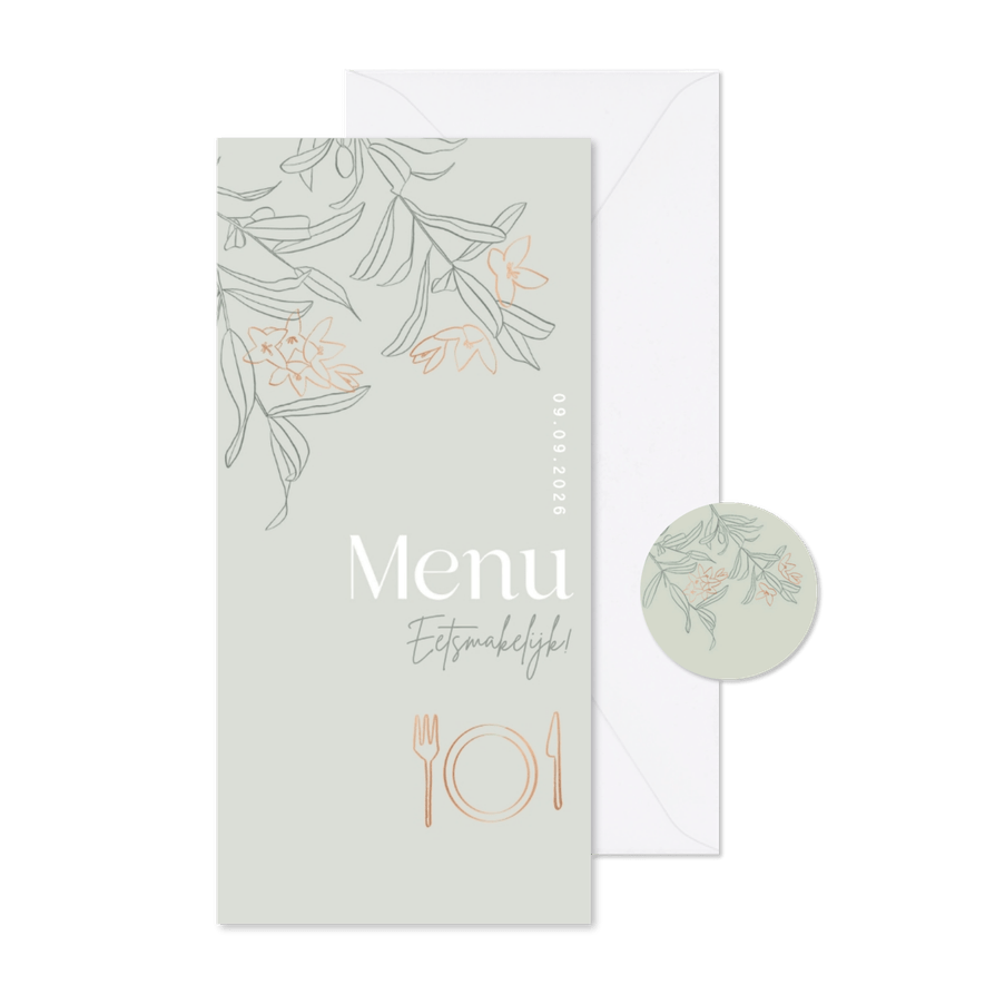 Trendy menukaart groen koper olijftakjes - Kaartimpressie