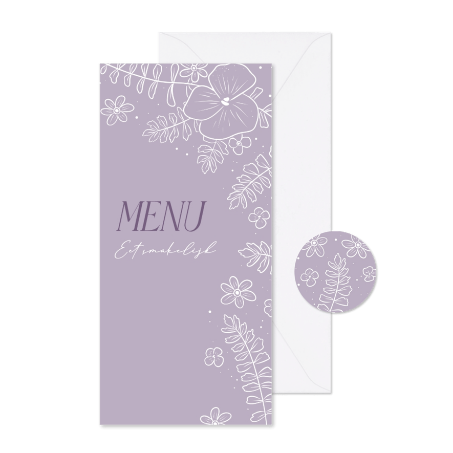 Trendy menukaart voor huwelijk in lila met bloemen - Kaartimpressie