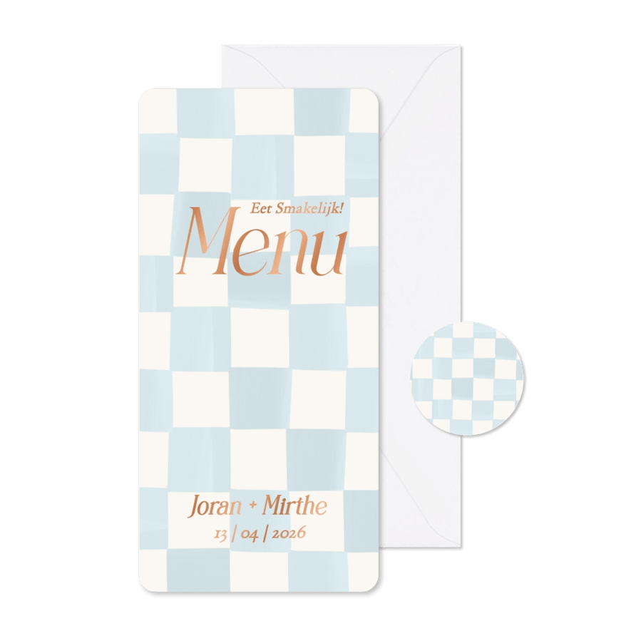 Trendy menukaartje blauw geblokt met koperfolie - Kaartimpressie