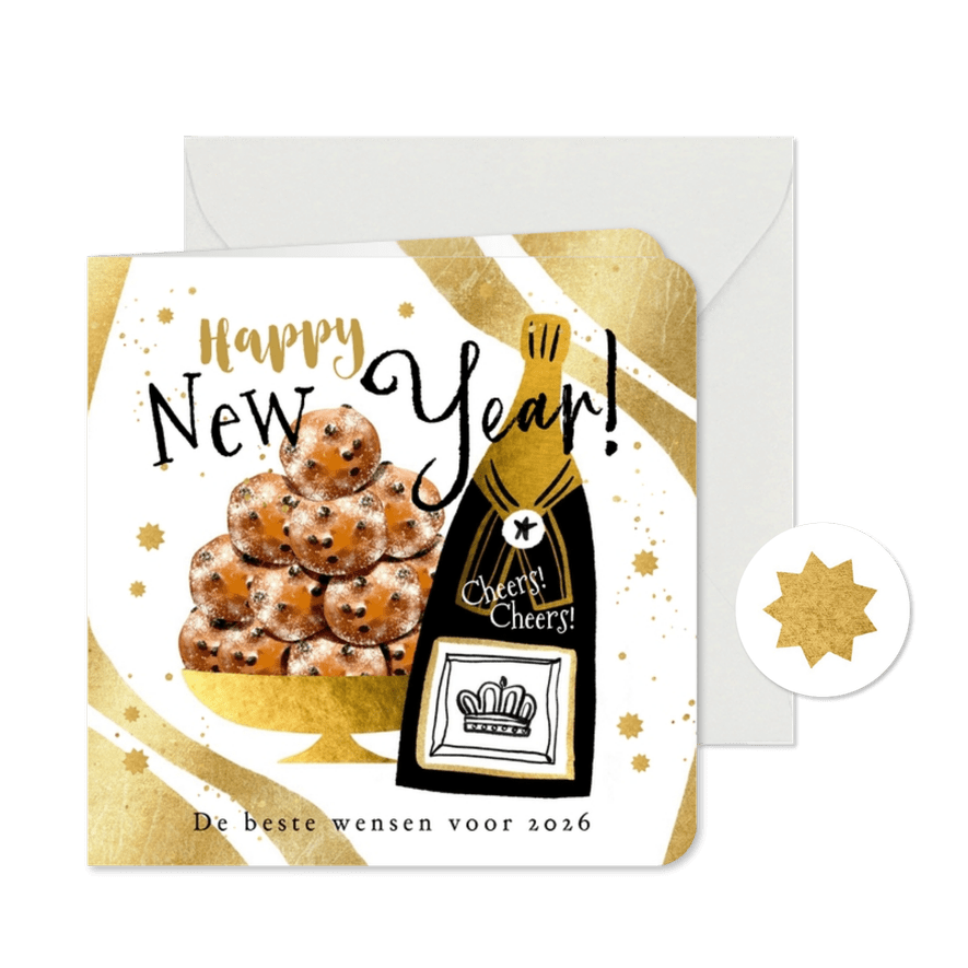 Trendy nieuwjaarskaart feestelijk goud champie oliebollen - Kaartimpressie