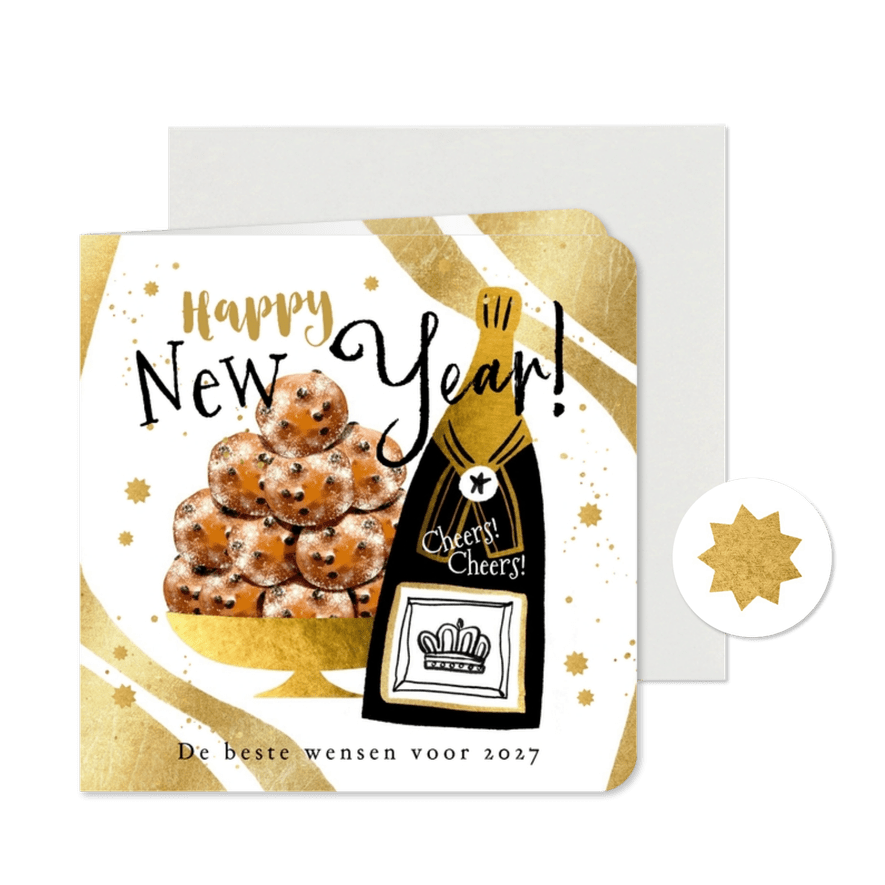 Trendy nieuwjaarskaart feestelijk goud champie oliebollen - Kaartimpressie