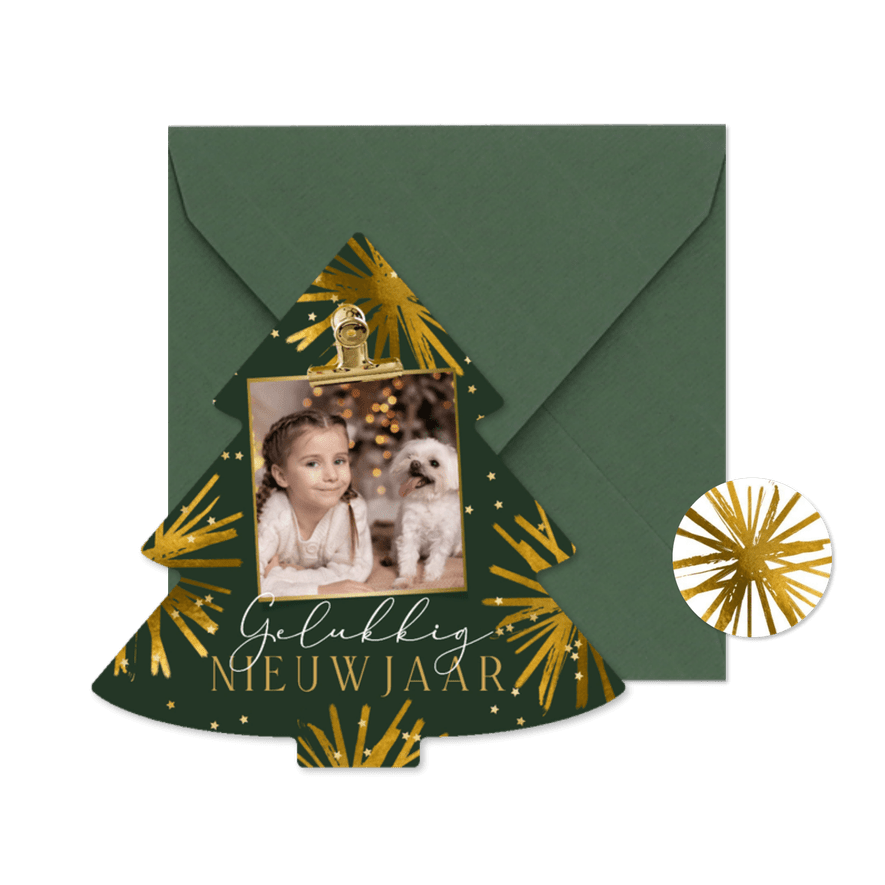 Trendy nieuwjaarskaart kerstboomvorm vuurwerk ster goud - Kaartimpressie