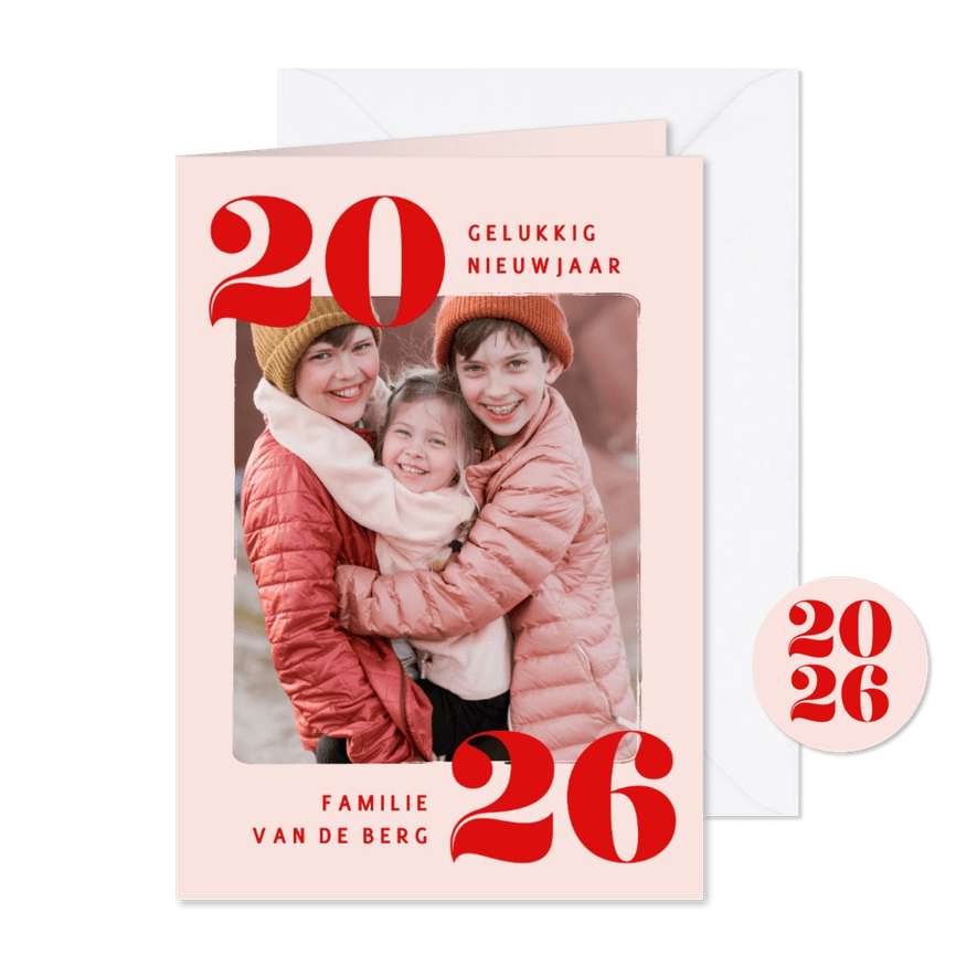 Trendy nieuwjaarskaart met eigen foto en jaartal roze - Kaartimpressie