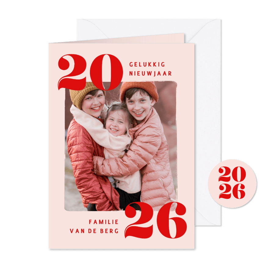 Trendy nieuwjaarskaart met eigen foto en jaartal roze - Kaartimpressie
