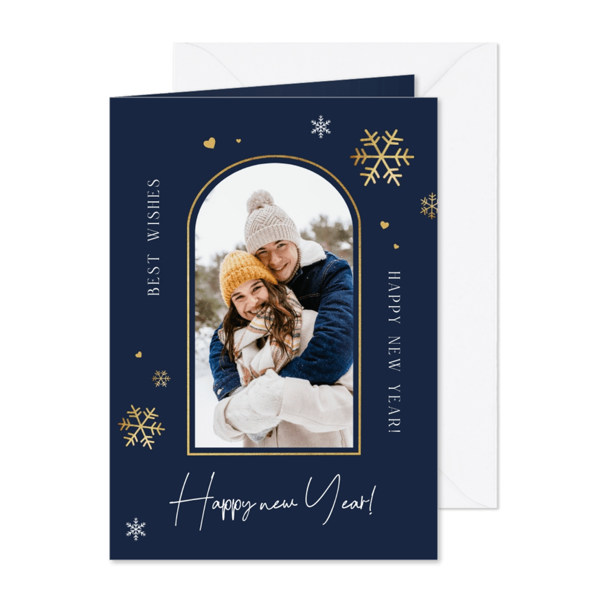 Trendy nieuwjaarskaart met foto in een boog - Kaartimpressie