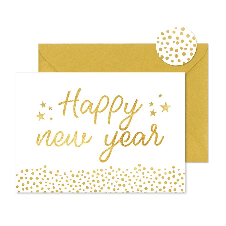 Trendy nieuwjaarskaart met gouden stippen en happy new year - Kaartimpressie