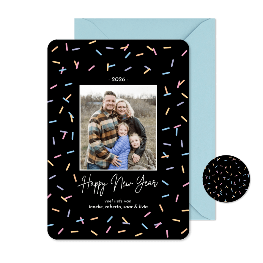 Trendy nieuwjaarskaart met vrolijke sprinkles foto - Kaartimpressie