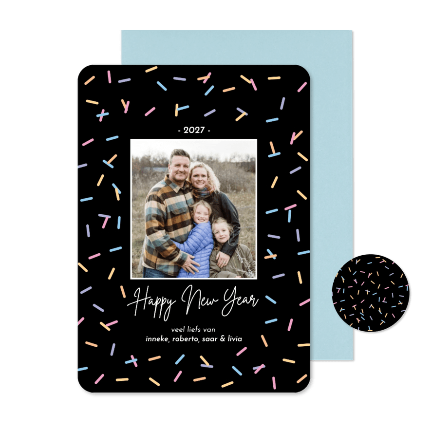 Trendy nieuwjaarskaart met vrolijke sprinkles foto - Kaartimpressie