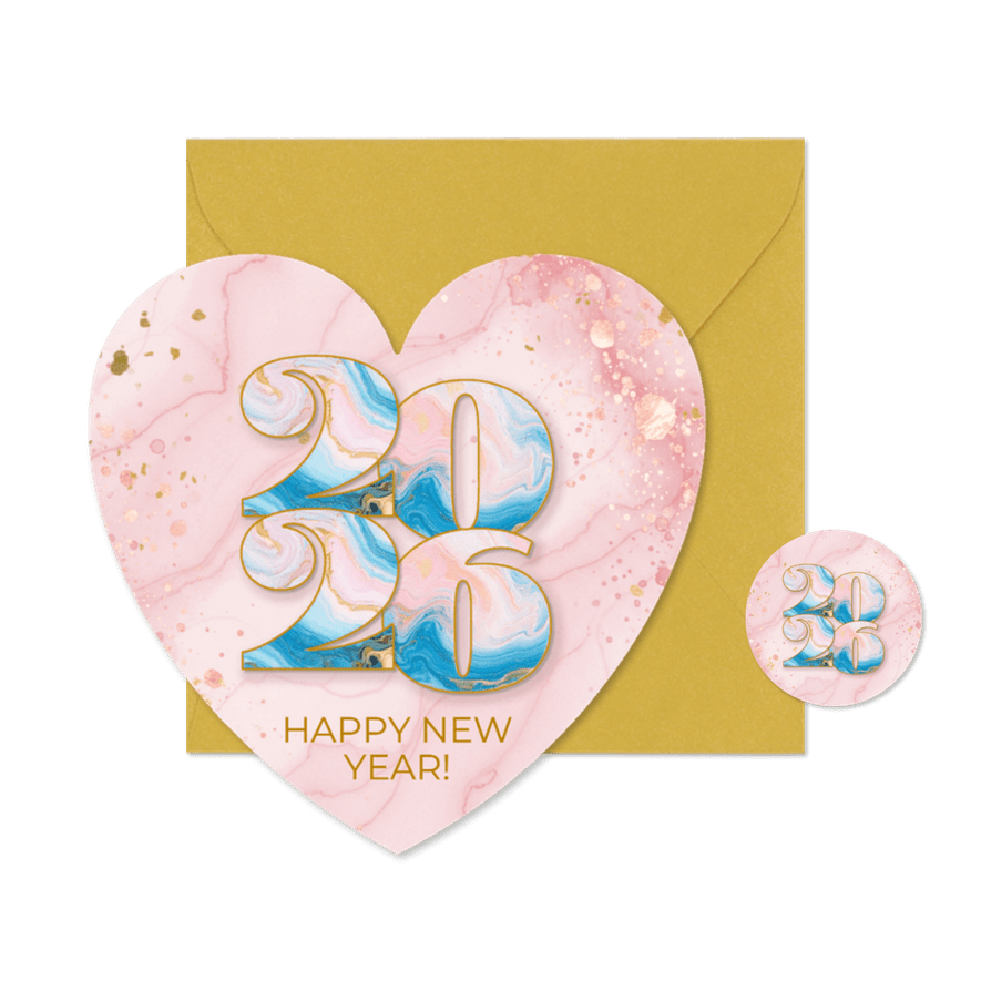 Trendy nieuwjaarskaart roze hartje met marmeren jaartal - Kaartimpressie