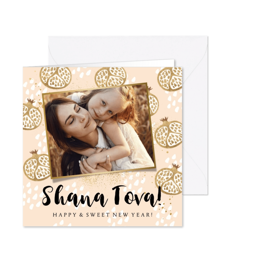 Trendy nieuwjaarskaart Shana Tova foto goudlook appels - Kaartimpressie