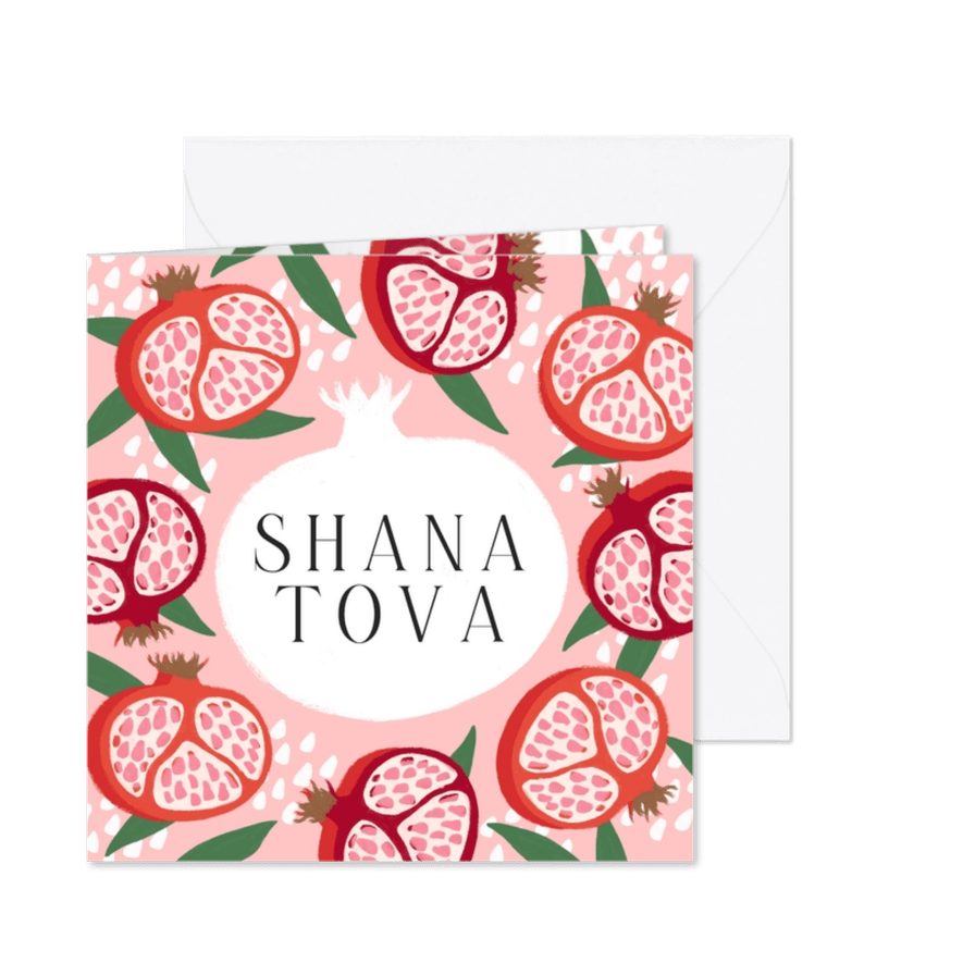 Trendy nieuwjaarskaart Shana Tova granaatappels roze - Kaartimpressie