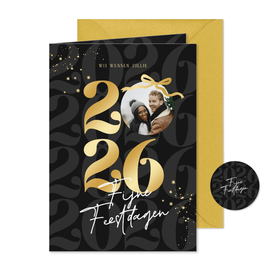 Trendy nieuwjaarskaart zwart strik jaartal goud met foto - Kaartimpressie