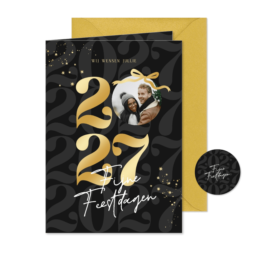 Trendy nieuwjaarskaart zwart strik jaartal goud met foto - Kaartimpressie