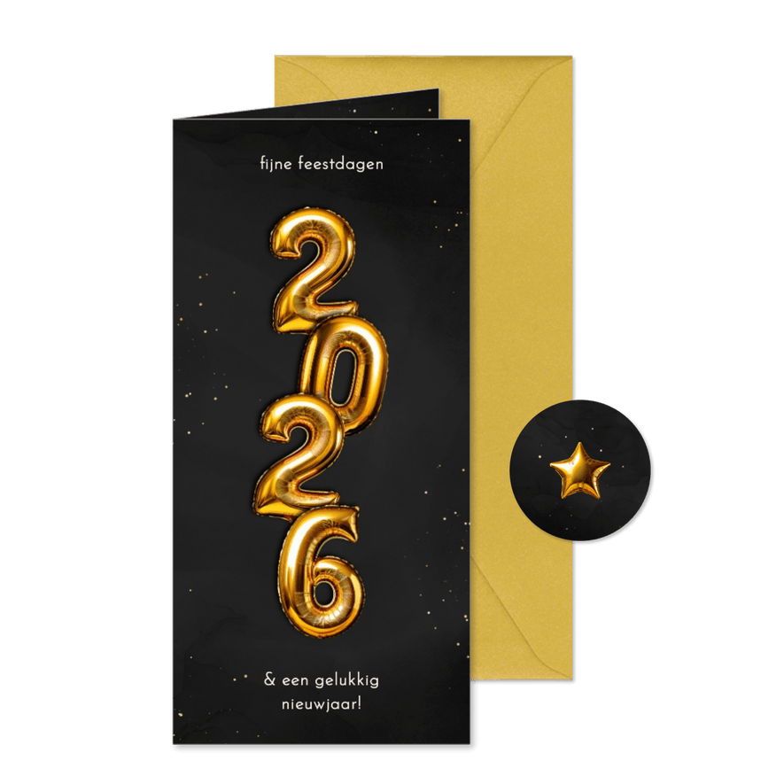 Trendy nieuwjaarskaartje folieballon goud 2026 verticaal  - Kaartimpressie