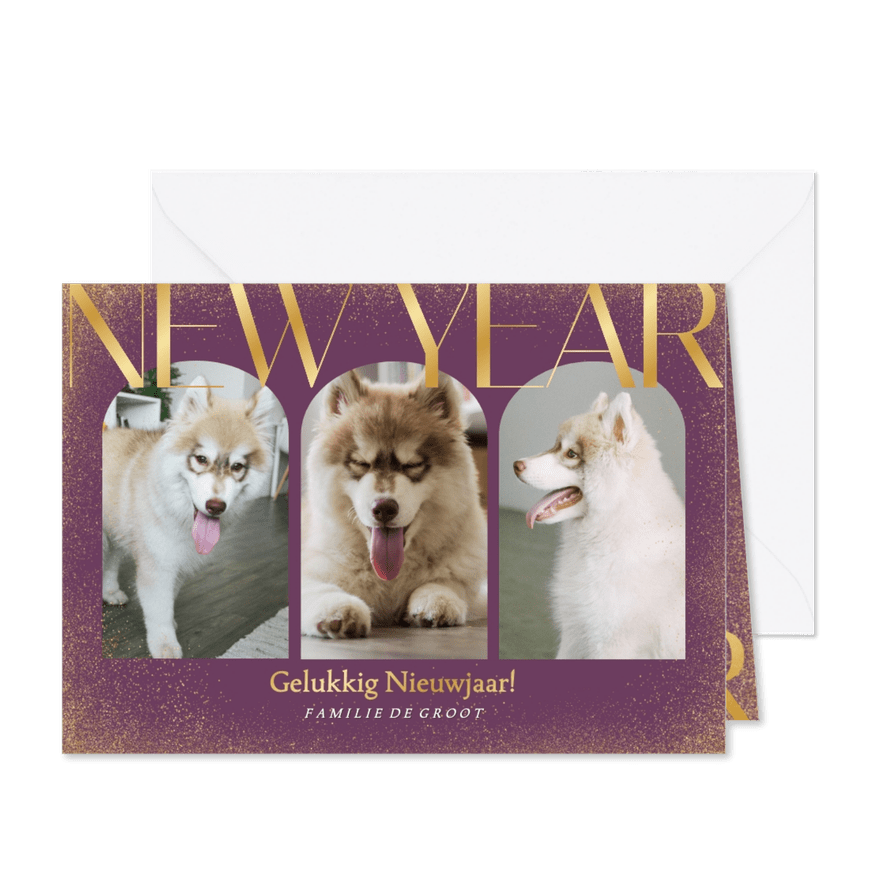 Trendy paarse nieuwjaarskaart met drie foto's en glitters - Kaartimpressie