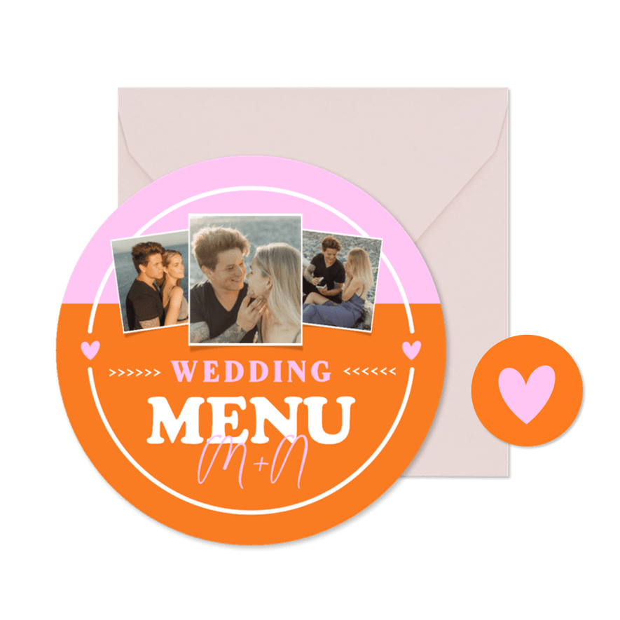 Trendy ronde colorblocking menukaart trouwen met 3 foto's - Kaartimpressie