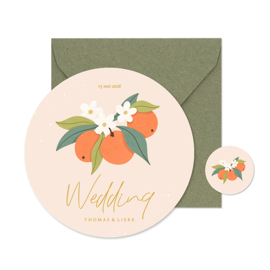Trendy ronde trouwkaart oranje met sinaasappels - Kaartimpressie