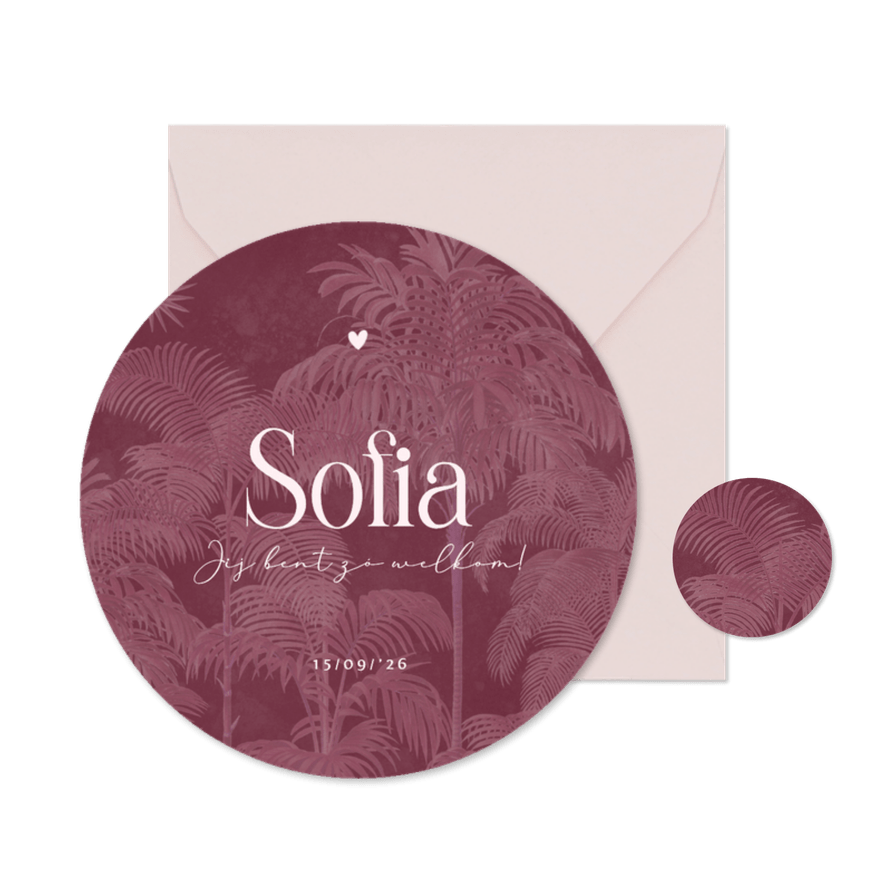 Trendy roze geboortekaartje met palmbomen patroon rond - Kaartimpressie