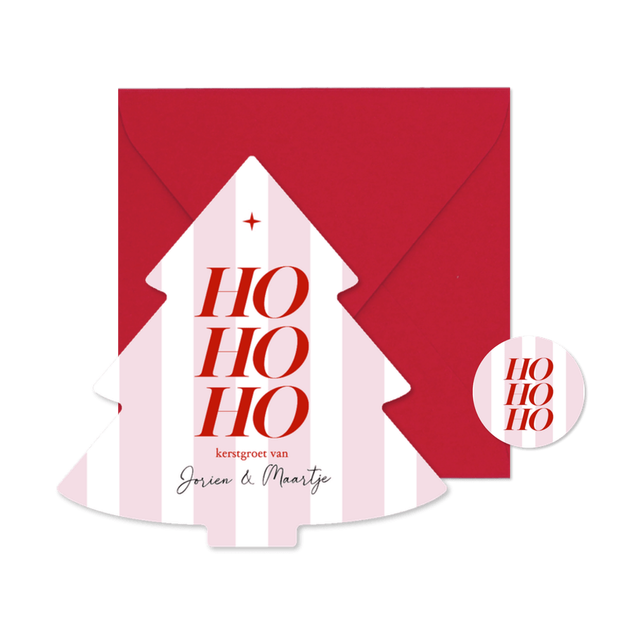 Trendy roze gestreepte kerstkaart ho ho ho - Kaartimpressie