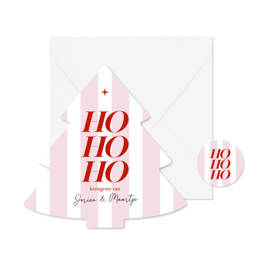 Trendy roze gestreepte kerstkaart ho ho ho - Kaartimpressie