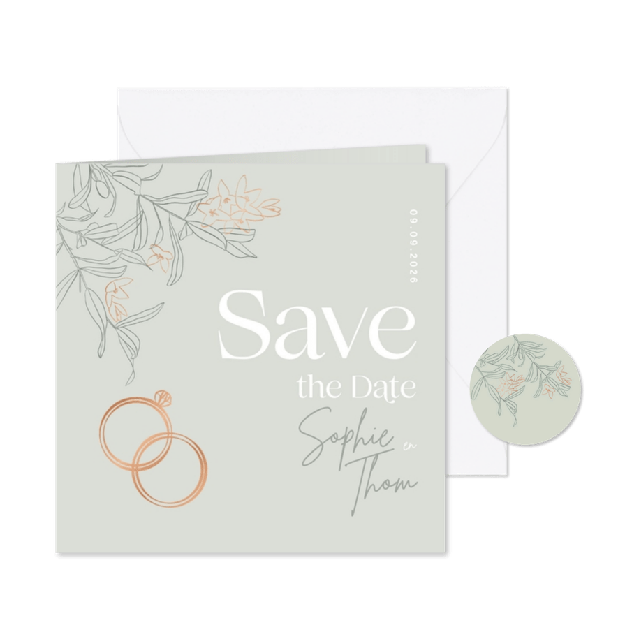 Trendy Save the Date groen olijftakjes brons - Kaartimpressie