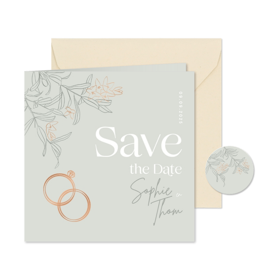 Trendy Save the Date groen olijftakjes brons - Kaartimpressie