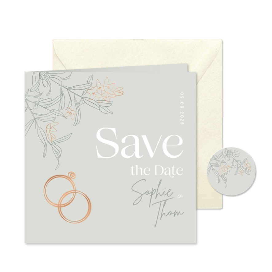 Trendy Save the Date groen olijftakjes brons - Kaartimpressie