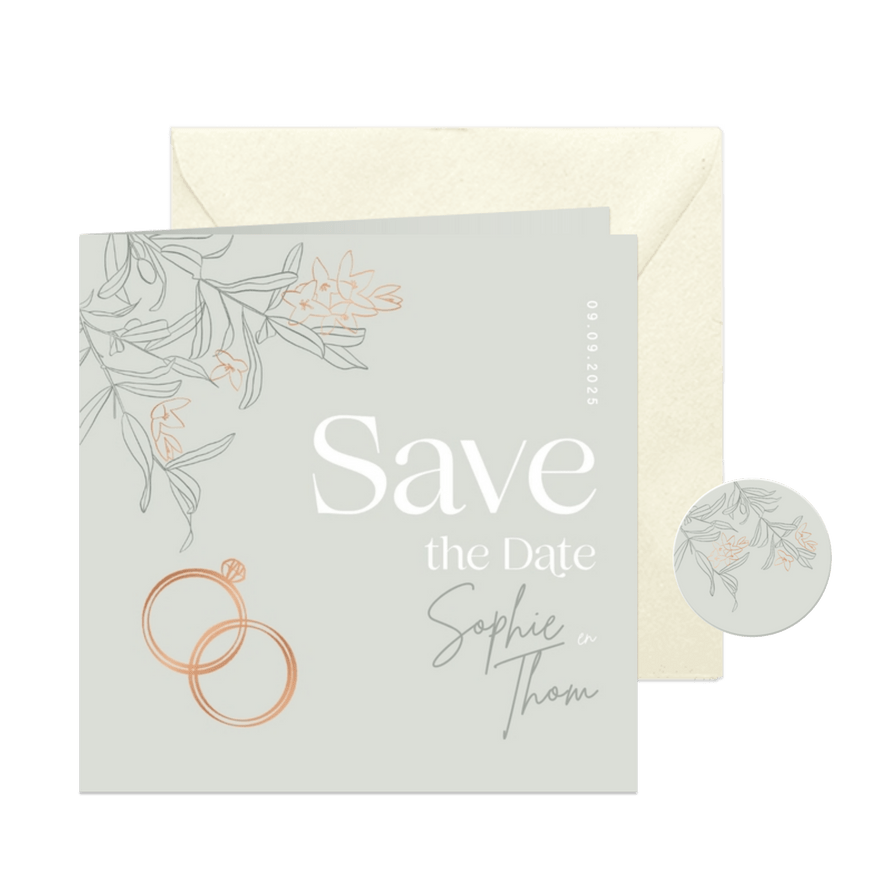 Trendy Save the Date groen olijftakjes brons - Kaartimpressie